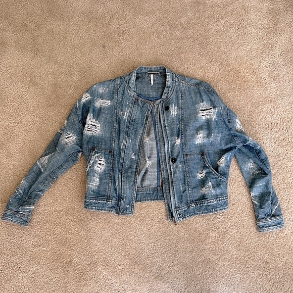 FREE PEOPLE DISTRESSED DENIM BOMBER JACKET - Picture 5 of 15